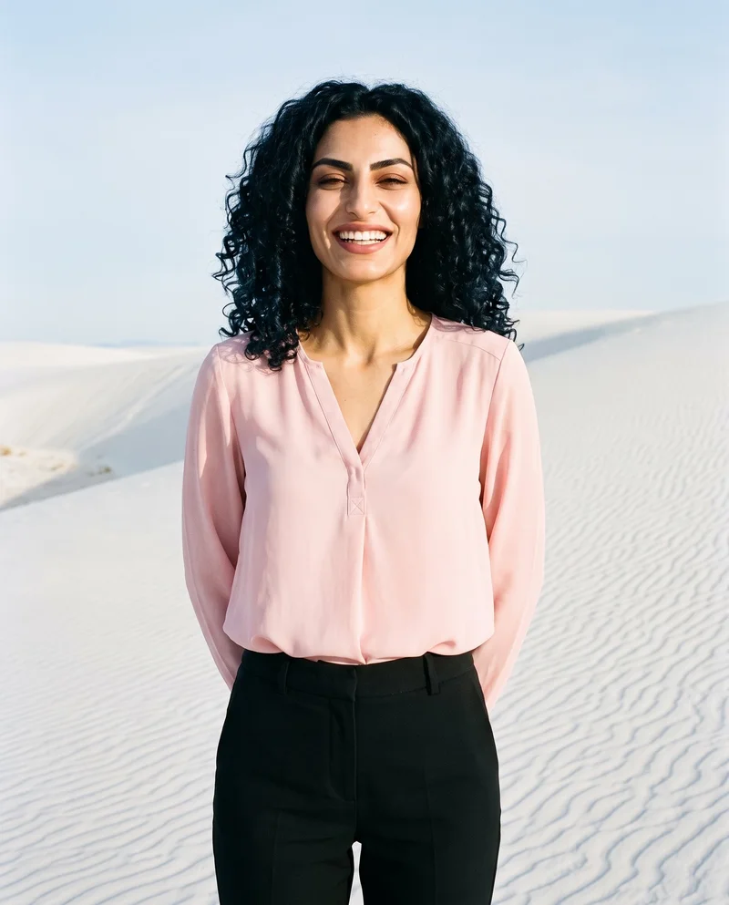 A 22-year-old Arab woman wears a blush pink chiffon blouse in an upper-body front view. She is grinning with her hands behind her back, framed against a white sands dunes backdrop.