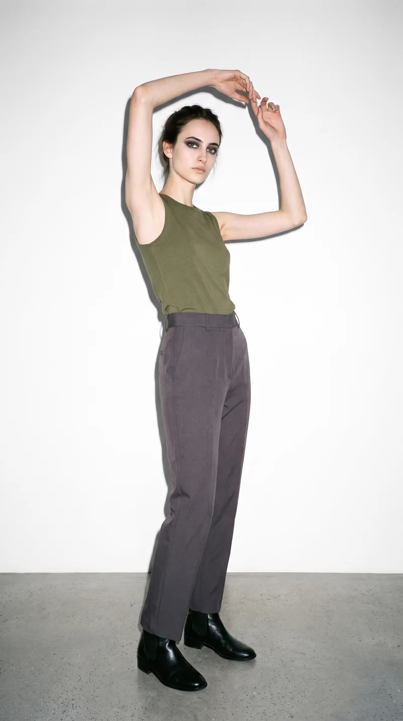 Women's Olive Cotton Tank Top, Full body at Three-quarter, Flash Editorial lighting