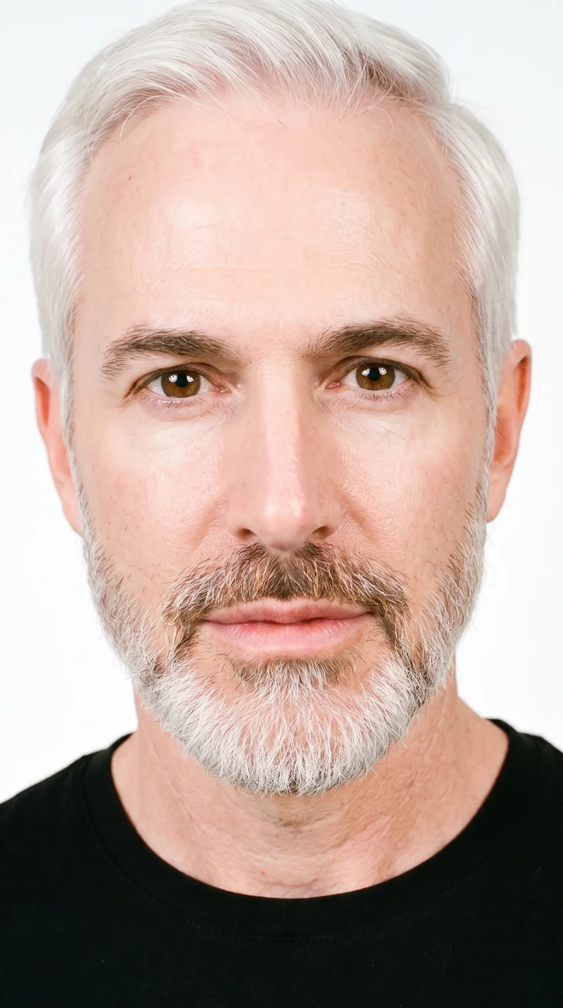 A 58-year-old Caucasian man with porcelain skin and a peach undertone has an oval face with balanced proportions and a softly rounded jaw. His thin eyebrows frame brown eyes, and he has full lips. His white hair is styled in a taper, gradually shortened at the sides and neckline while retaining length on top. He wears a short, full beard kept evenly trimmed with clean cheek and neckline edges.