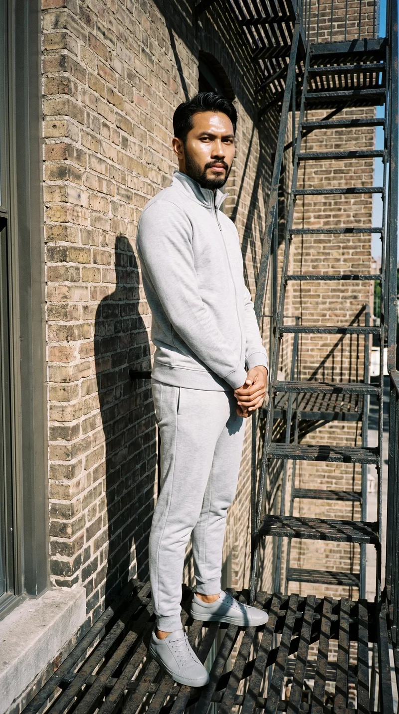 A 32-year-old Southeast Asian man wears a men's grey marl tracksuit in a full-body, angled-front view. He stands with his hands in front and a serious expression, with a fire escape backdrop.