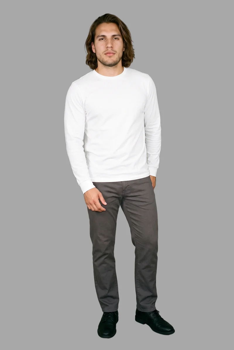 Men's White Long-Sleeve Tee, Full body at Front, Studio Cutout lighting
