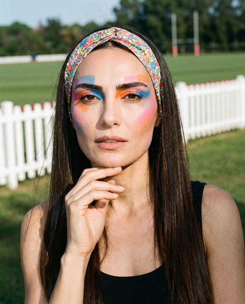 Floral Print Headband, Head at Three-quarter, Flash Editorial lighting