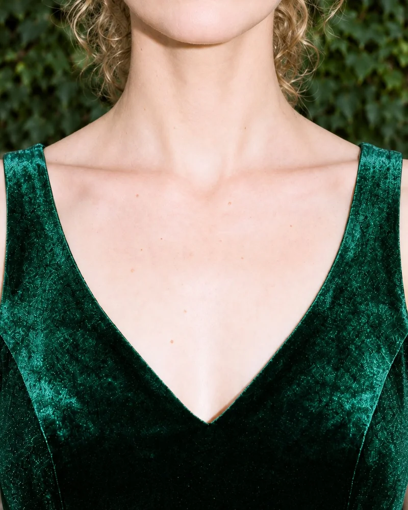 The emerald velvet cocktail dress is shown in a front view, framed from the neck with the neck held straight. An ivy-covered building backdrop is visible.