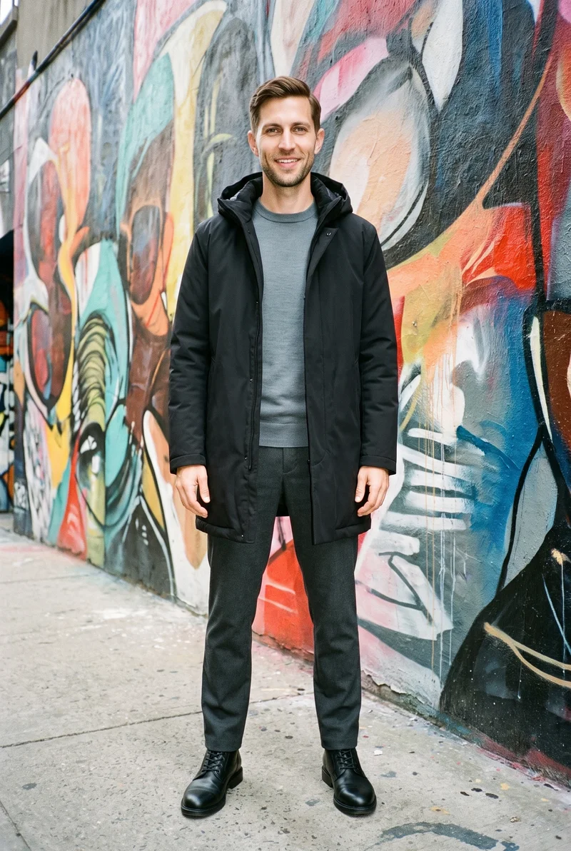 A 36-year-old Caucasian man wears a black parka in a full-body front view, standing with his ankles crossed and smiling. A massive street mural forms the backdrop.