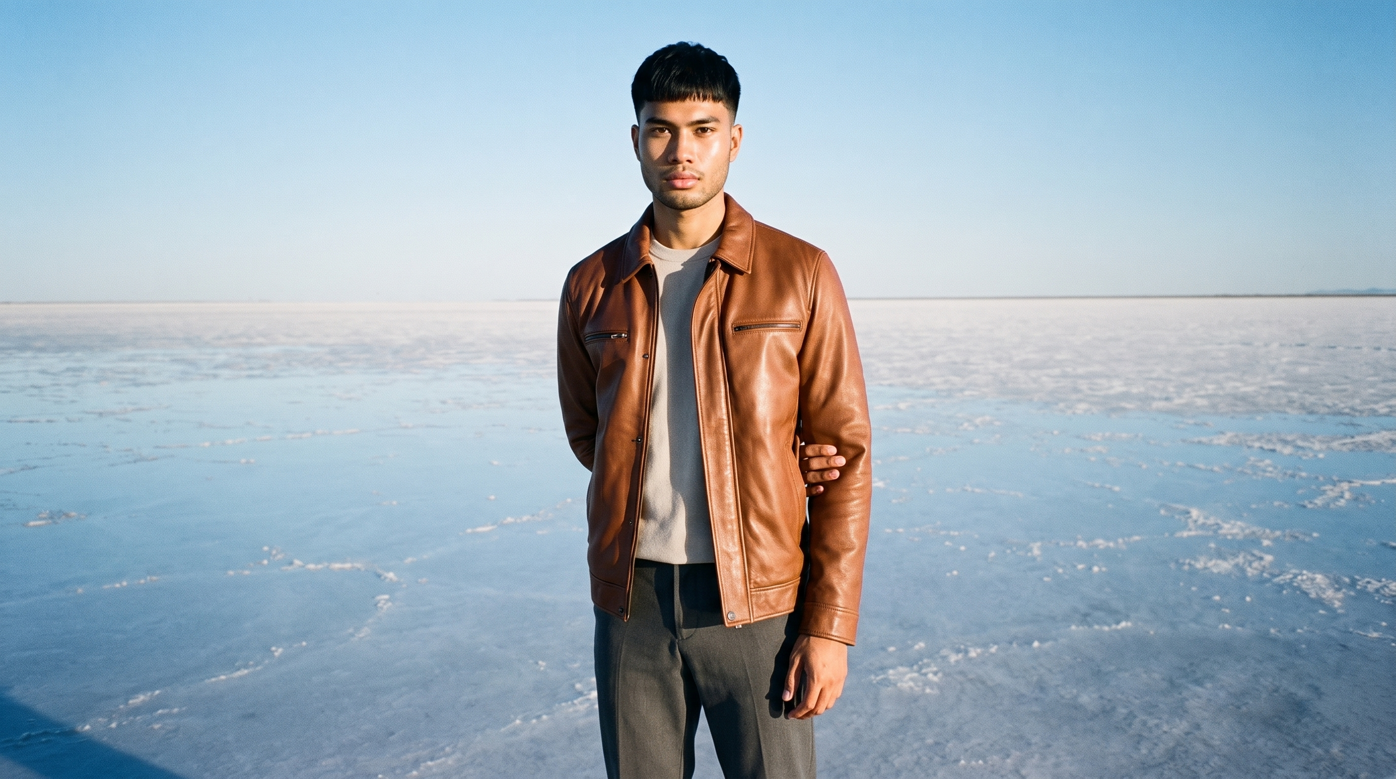 An 18-year-old Southeast Asian man wears a brown leather jacket in a front-facing three-quarter-length view. One elbow is held behind his back, and he has a neutral expression. A salt flats reflection serves as the backdrop.