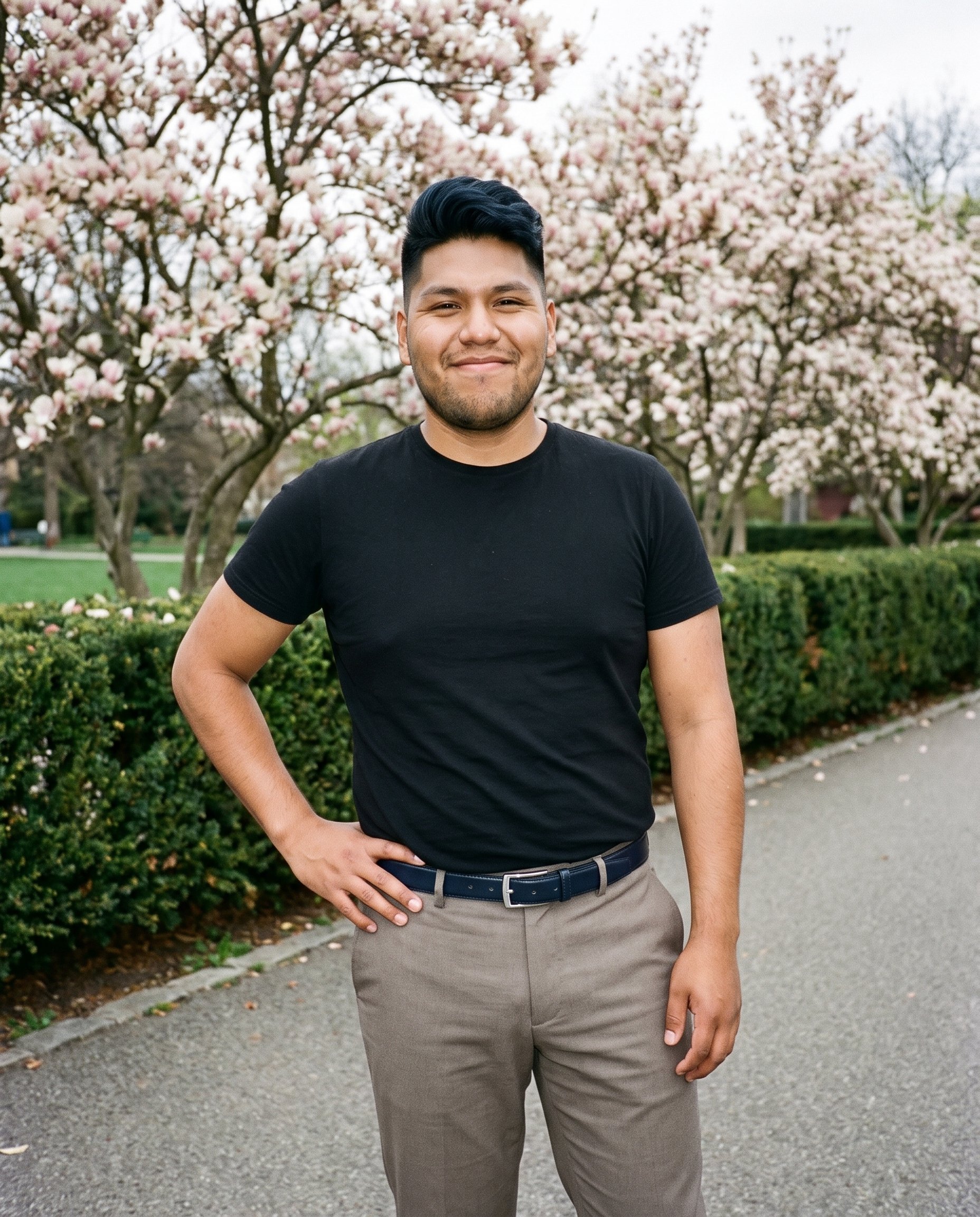 A 22-year-old Indigenous American man is shown from the front in a three-quarter-length view, smiling with one hand on his hip while wearing a men's navy formal belt. A Magnolia Tree Park backdrop is visible behind him.