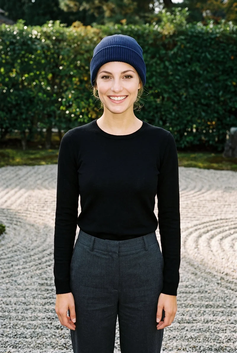 A 21-year-old Caucasian woman wears a navy beanie in a front-view upper-body composition. Her arms are relaxed and she is grinning, with a Zen rock garden backdrop.