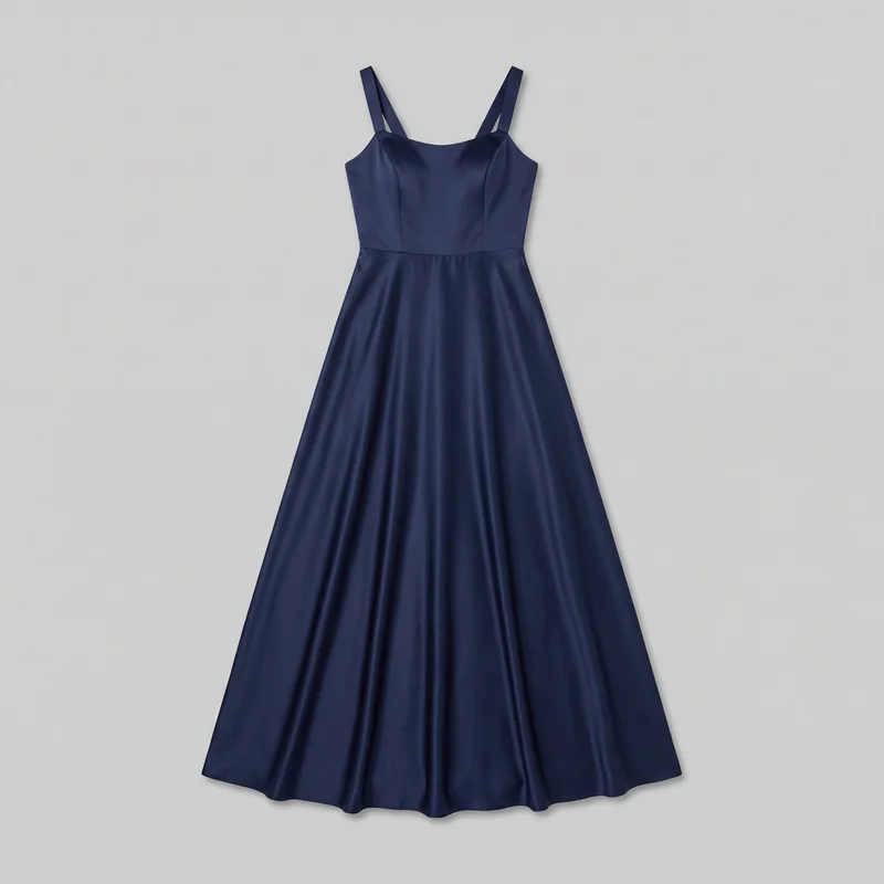 Navy satin sleeveless evening gown shown in a standalone front view, with broad shoulder straps, a softly squared scoop neckline, and a tailored fitted bodice defined by curved vertical princess seams and a horizontal waist seam. The full A-line skirt flares from the waist with visible vertical folds and falls to a long, softly undulating hem.