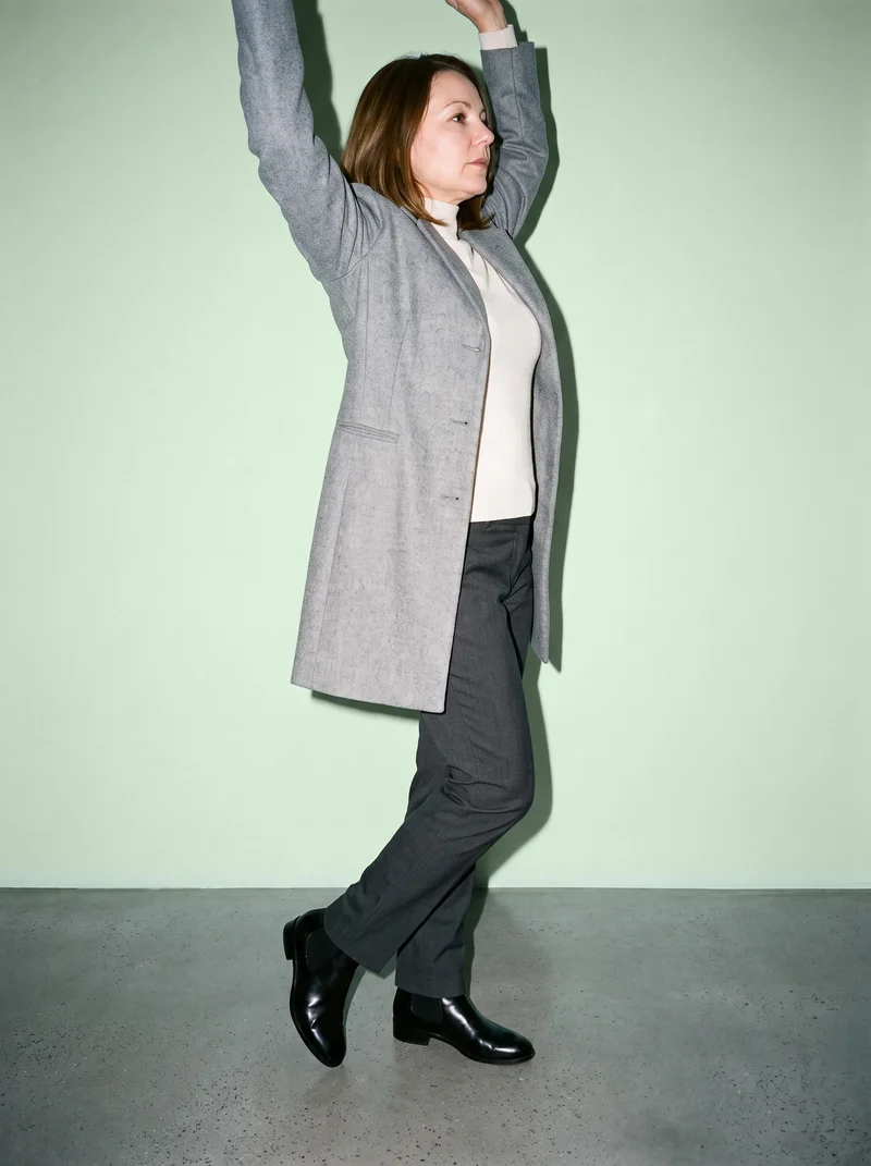 Women's Grey Wool Coat, Full body at Side, Flash Editorial lighting