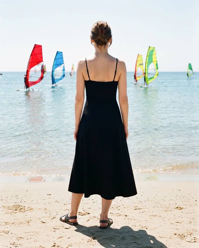 Black Maxi Dress, Environmental at Back, Flash Editorial lighting