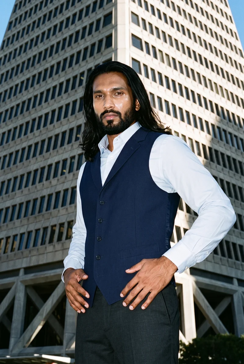 Men's Navy Wool Waistcoat, Three-quarter length at Three-quarter, Flash Editorial lighting