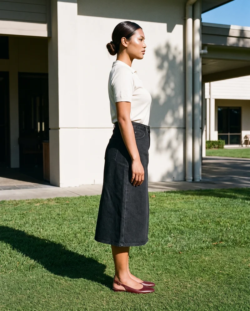 Black Denim Skirt, Full body at Side, Flash Editorial lighting