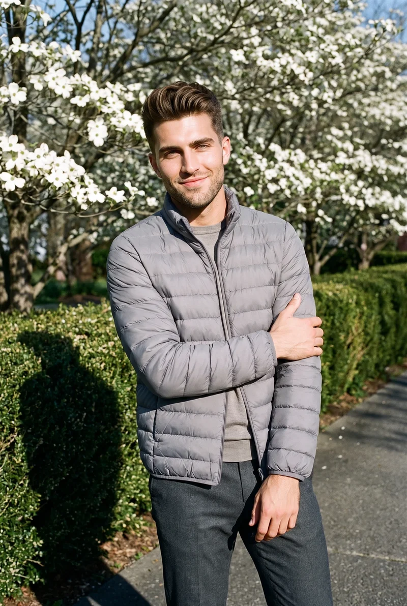 Men's Grey Lightweight Down Jacket, Three-quarter length at Three-quarter, Flash Editorial lighting