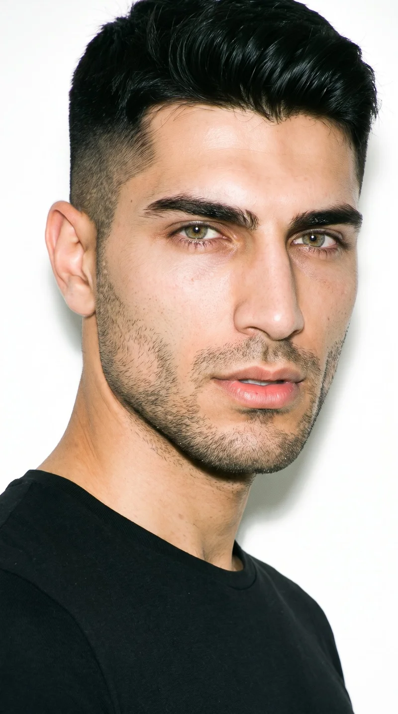 A 22-year-old Turkish man with medium olive skin and a warm greenish-golden undertone. His face has sharp, angular features, a defined jaw, and pronounced cheekbones. He has thick eyebrows, green eyes, and full lips. His black hair is styled in a two-block cut, with short sides and back contrasted by a longer, fuller top. Dense heavy stubble forms a dark, defined layer across the beard area.