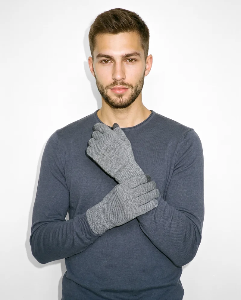 Men's Grey Touchscreen Gloves, Upper body at Front, Clean Catalog lighting