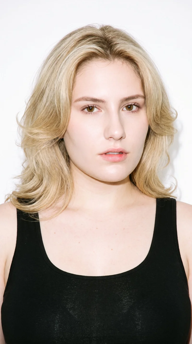 This 19-year-old Caucasian woman has pale skin with a neutral undertone and a triangle-shaped face, with a wide jaw narrowing toward the forehead and emphasis on the lower face. Her eyebrows are medium in thickness, and she has brown eyes and thin lips. Her mid-tone blonde hair is styled in a voluminous 1990s blowout, with layers blown outward and fullness at the crown and sides.
