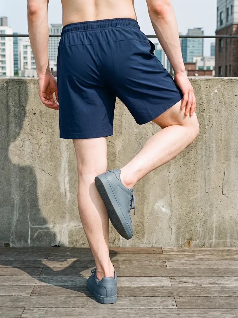 The lower body of a male model is shown from behind, framed from the feet to the calves while wearing men's navy running shorts. A rooftop cityscape serves as the backdrop.