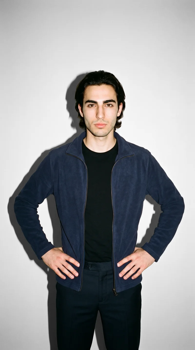 Men's Navy Zip-Up Fleece Jacket, Three-quarter length at Front, Flash Editorial lighting