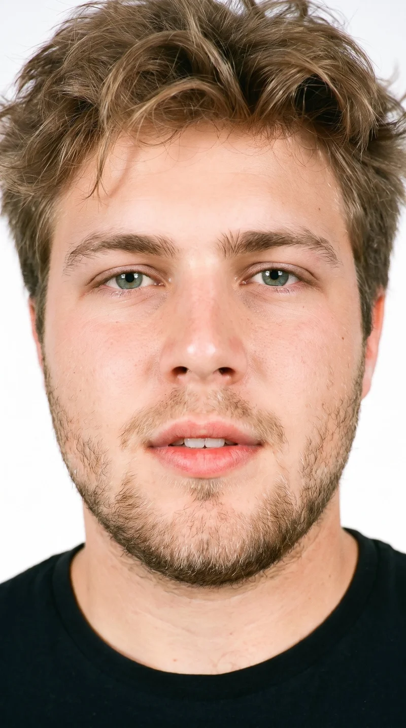 An 18-year-old Caucasian man with lightly tanned fair skin and a neutral undertone. His oval face has balanced proportions and a softly rounded jaw, with thin eyebrows, blue eyes with a cool undertone, and medium lips. His light-brown hair is tousled with deliberately undone texture and natural movement, and dense heavy stubble forms a dark, defined layer across the beard area.
