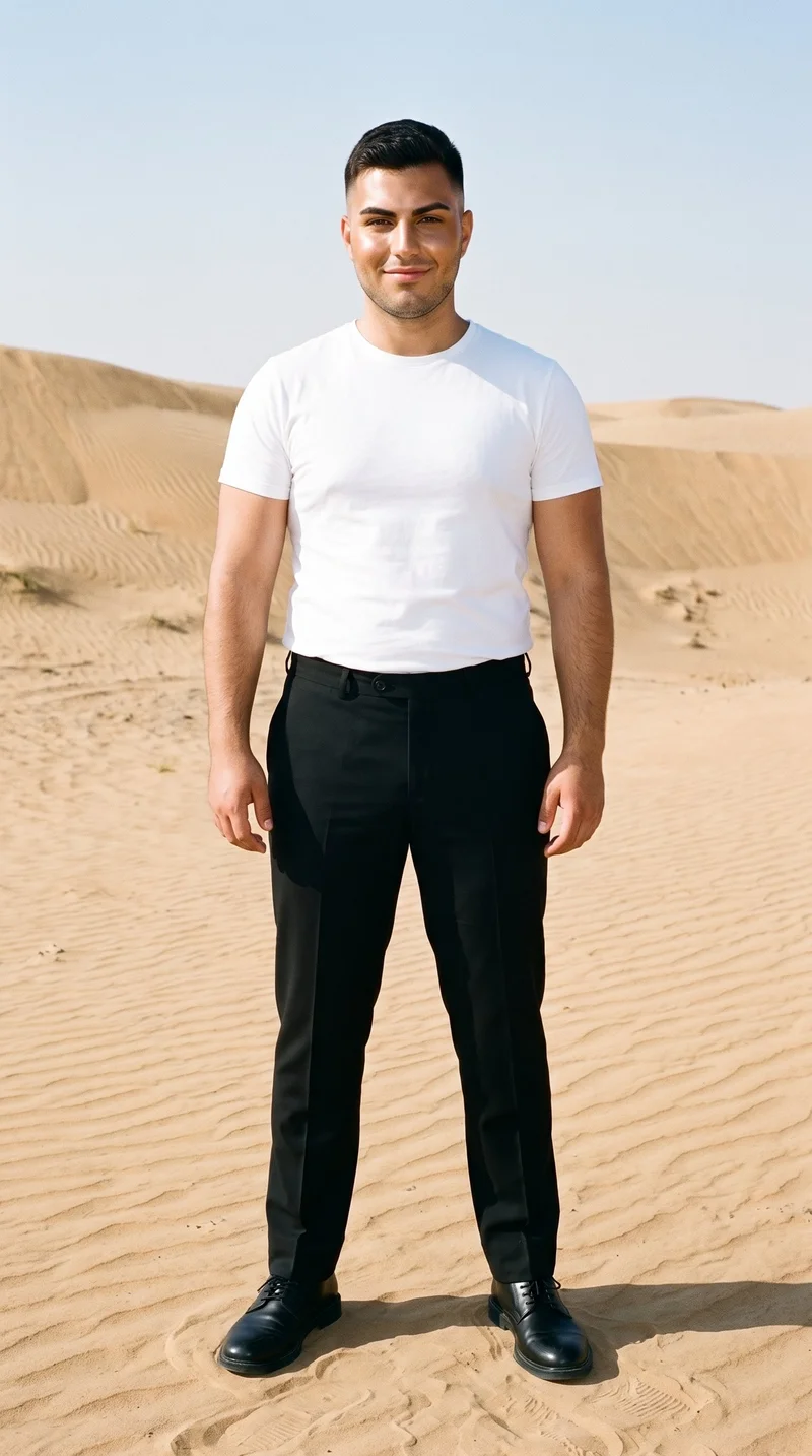 A 19-year-old Caucasian man stands straight in a full-body front view wearing black tailored trousers. His natural expression is visible, with a Death Valley Dunes backdrop behind him.