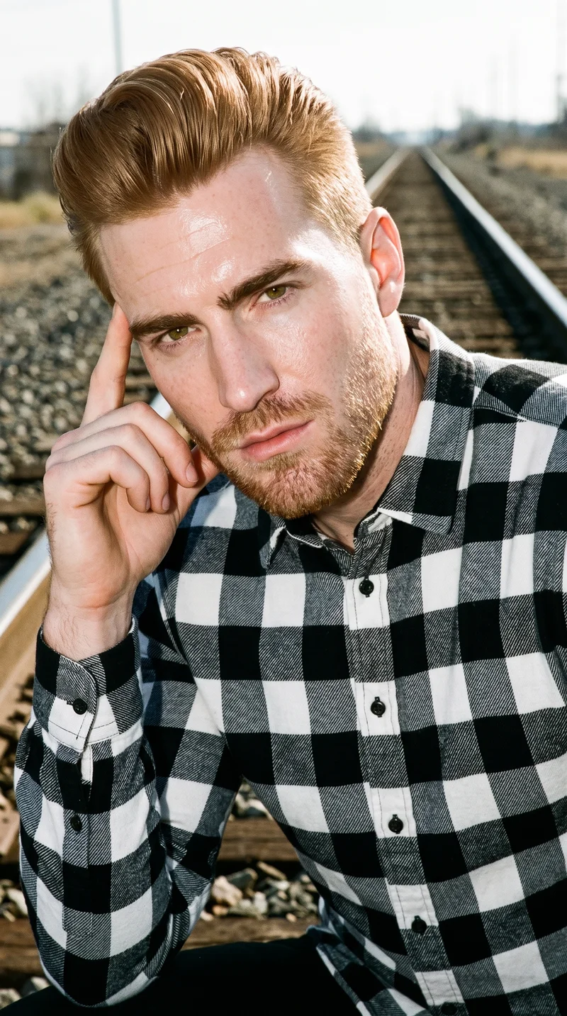 A 35-year-old Caucasian man wears a black and white buffalo-check flannel shirt in an upper-body, front-view composition. He poses with one hand at his temple and a confident expression, with train tracks as the backdrop.