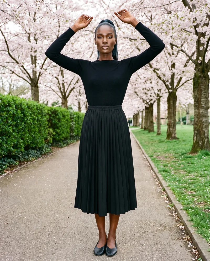 A 31-year-old African woman wears a black pleated skirt in a full-body front view, standing with her arms overhead and a serious expression. A cherry blossom park forms the backdrop.