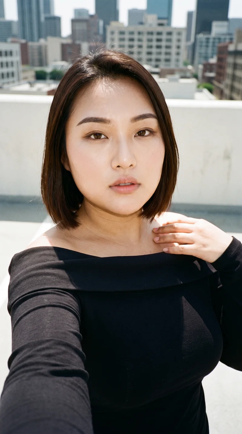 Black Bardot Top, Selfie at Front, Clean Catalog lighting