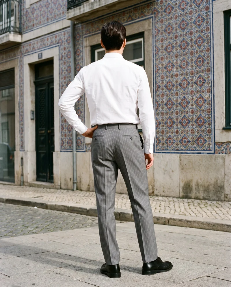 A 34-year-old Korean man wears grey pinstripe suit trousers in a full-body rear view, standing with one hand on his hip. A Portuguese tile street forms the backdrop.