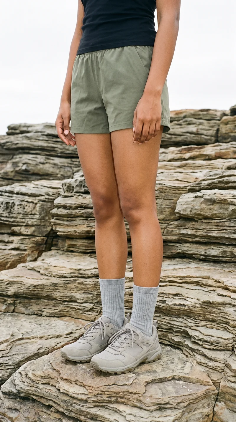 Women's Grey Ribbed Crew Socks, Lower body at Three-quarter, Clean Catalog lighting