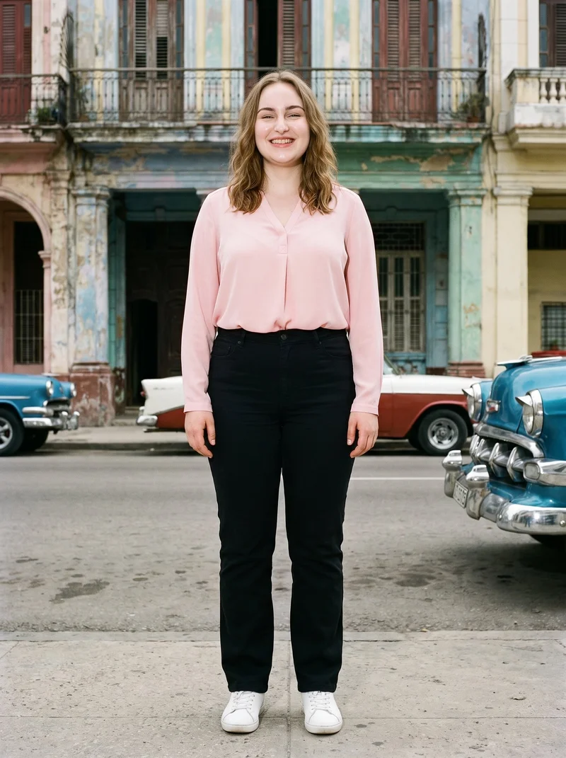 A 20-year-old Slavic woman stands straight in a full-body front view wearing a blush pink chiffon blouse. She is grinning, with a Cuban street vintage-car backdrop behind her.