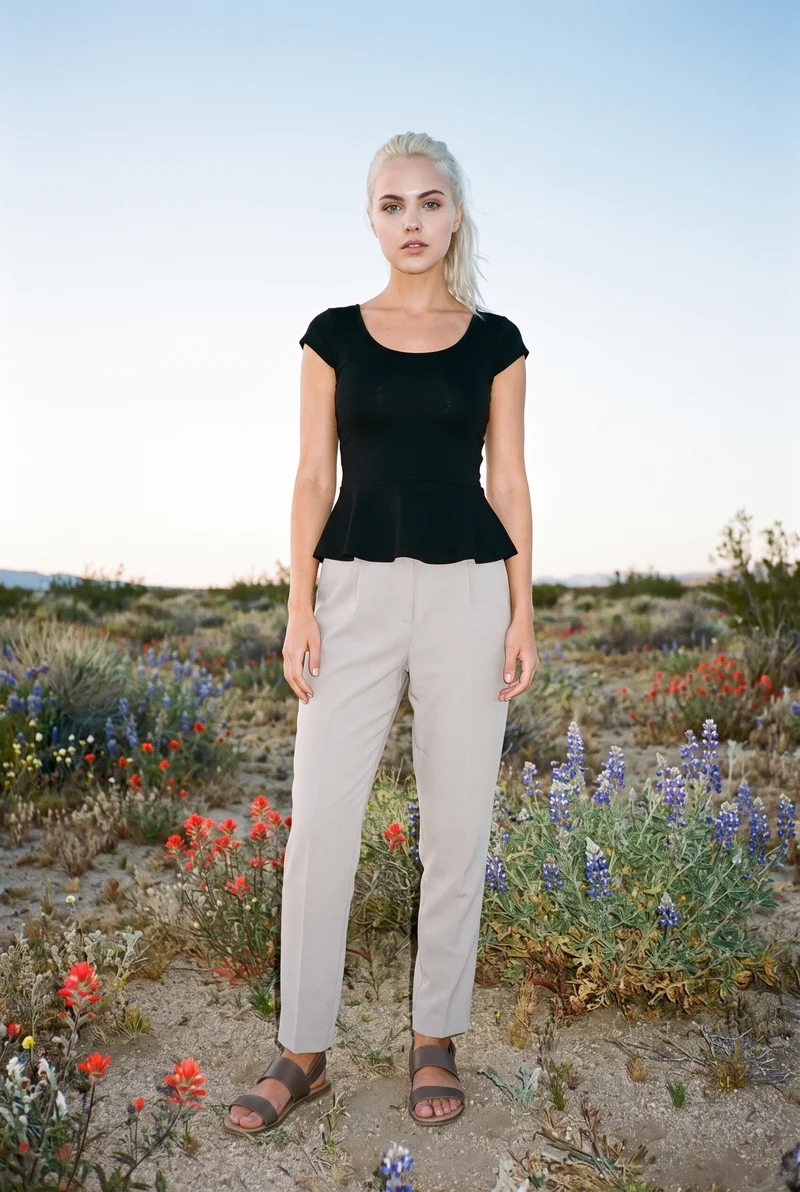 Black Peplum Top, Full body at Front, Natural E-Commerce lighting