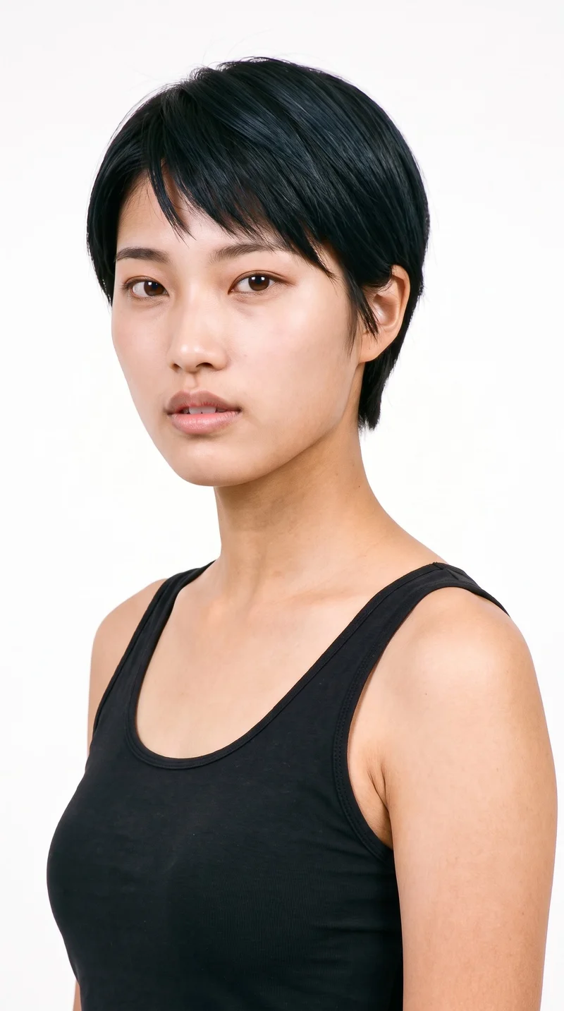 A 19-year-old Japanese woman with light-tan skin and a cool undertone has an oval face with balanced proportions and a softly rounded jaw. She has thin eyebrows, brown eyes, and thin lips. Her black hair is styled in a very short pixie cut, close at the sides with more length on top.