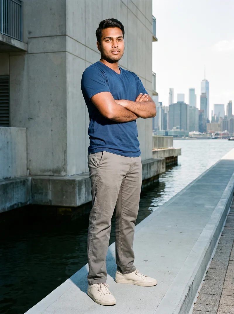 A 20-year-old Indian male model wears a navy V-neck T-shirt in a full-body front three-quarter view, posed in a self hug with a soft facial expression. An island causeway city skyline forms the backdrop.