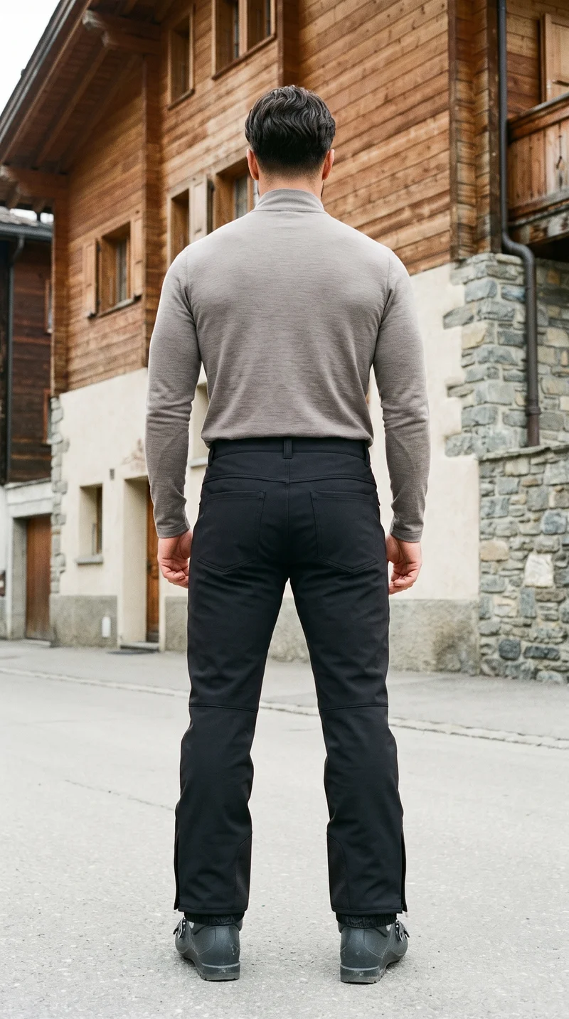 A 40-year-old Arab man is shown full body from the back wearing black ski trousers, with his hands positioned in front. The backdrop is a Swiss Alpine Village.