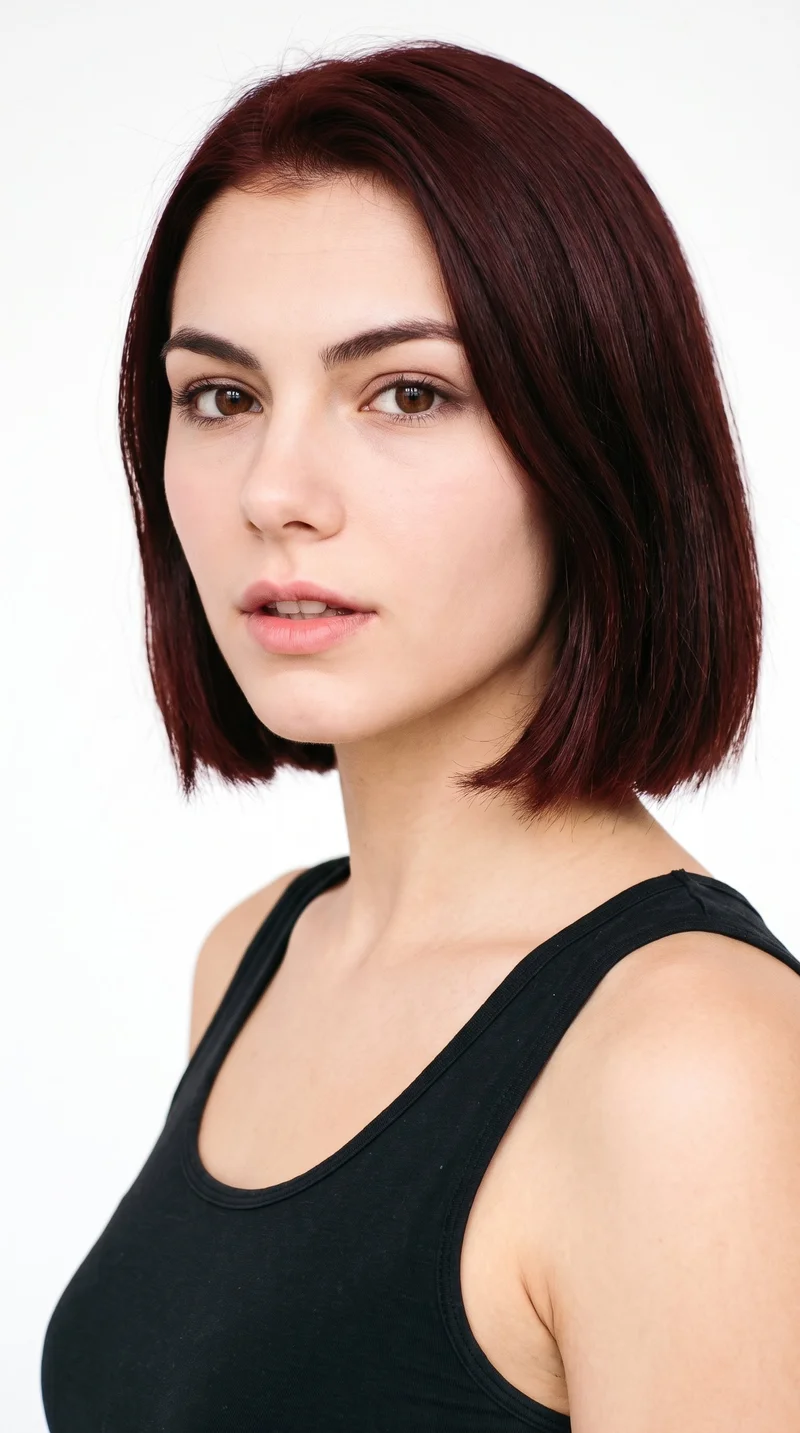 This 19-year-old Caucasian woman has fair skin with a peach undertone and a heart-shaped face, with a wider forehead narrowing to a more pointed chin. She has thick eyebrows, medium lips, and brown eyes. Her mahogany hair is cut in a clean, structured bob reaching from the jaw to chin and even all around.