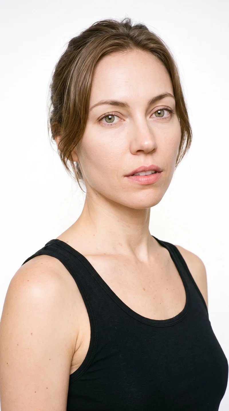 A 31-year-old Caucasian woman with medium skin and a cool undertone has a doll-like face with large, even features and soft, rounded proportions. Her medium-thickness eyebrows frame her grey eyes, which have a cool, clear tone, and her lips are full. Her medium-brown hair is twisted up and secured with a claw clip, with relaxed ends. No facial hair is recorded.