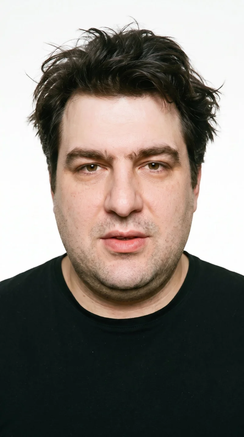 A 46-year-old Caucasian man with very pale skin and a cool undertone. His Roman face shape has a prominent nose line and a defined jaw. He has medium-thickness eyebrows, blue eyes with a cool undertone, and full lips. His dark-brown hair is tousled, with loosely styled, deliberately undone texture and natural movement. He is clean-shaven, with smooth skin across the whole face.