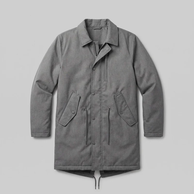 A grey longline parka coat is shown laid flat in a mostly complete front view. It has a pointed turn-down collar, long sleeves with cuff bands, a central zipper beneath a snap-fastened storm placket, a waist drawcord with hanging ends, two angled lower flap pockets, and a vertical chest pocket. The straight front hem and part of the rear drop-tail or fishtail section are visible.