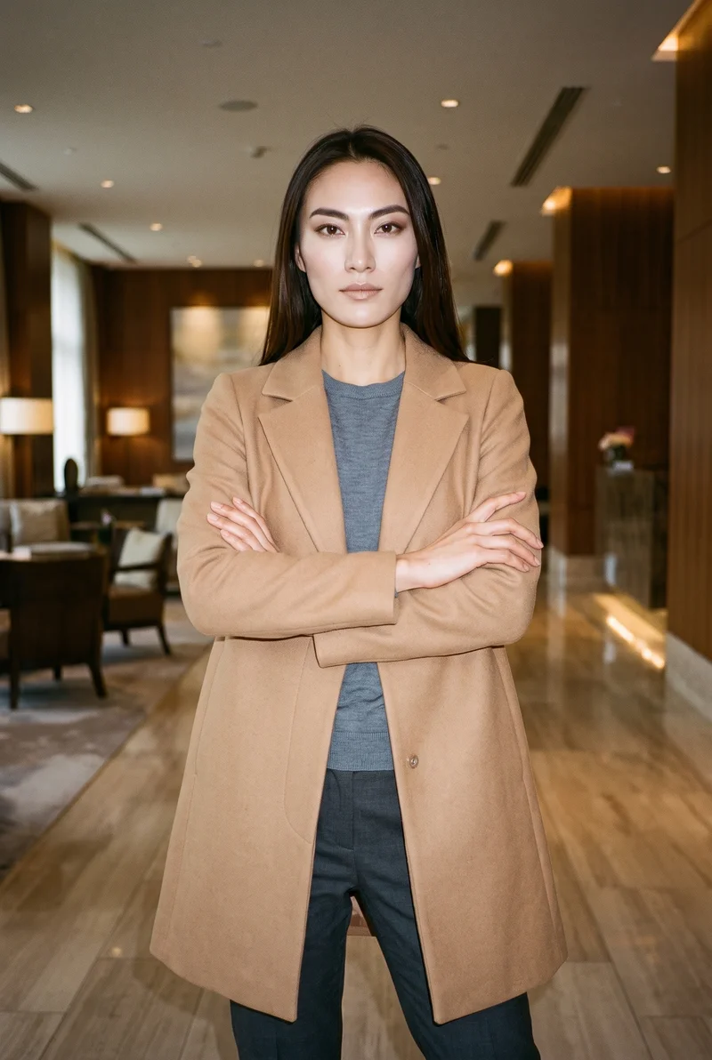 A 34-year-old Chinese woman wears a women's camel wool coat in a front-facing three-quarter-length view. She stands in a self-hug pose with a serious expression, against a hotel lobby backdrop.