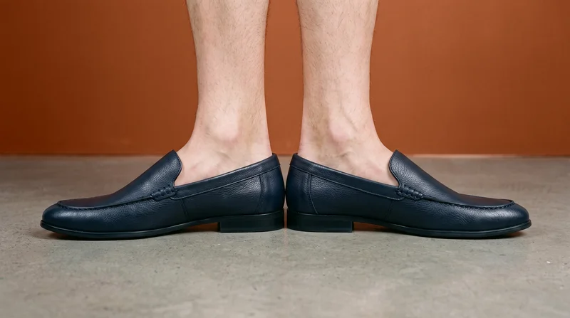 Both feet wearing men's navy loafers are shown in side view with the toes pointing outward. A sienna studio-wall backdrop frames the footwear.