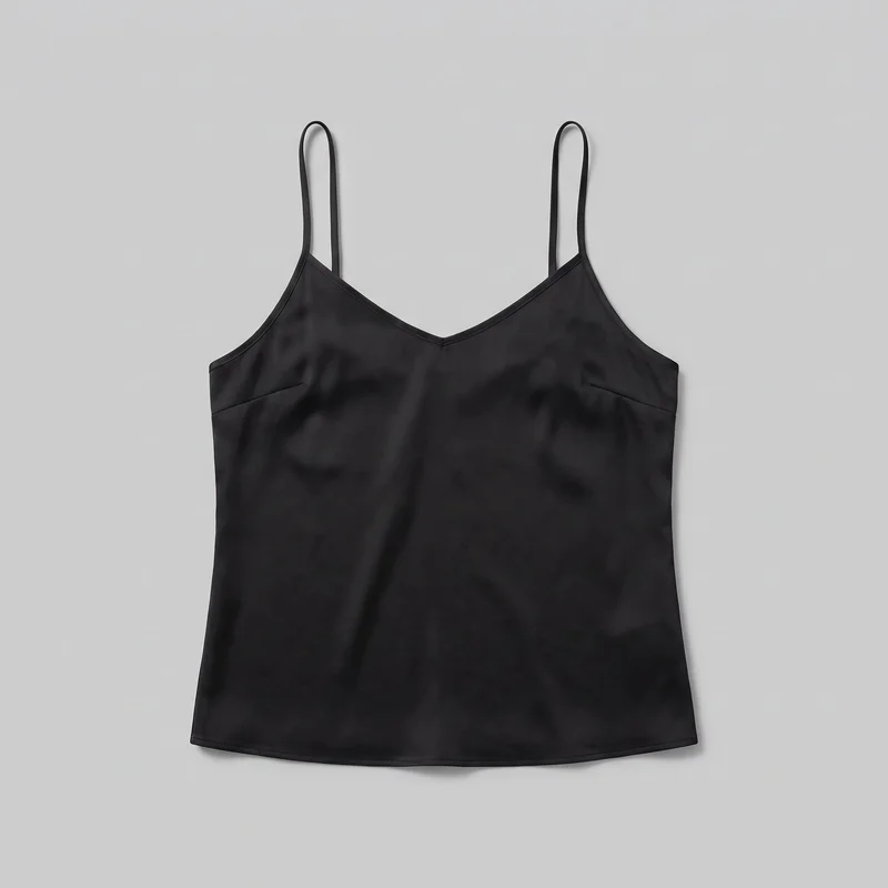 A black satin camisole top is laid flat and shown in full from the front. It has narrow spaghetti straps, a V-shaped neckline, low curved armholes with narrow binding, angled bust seams, a slightly flared silhouette, and a straight stitched hem.