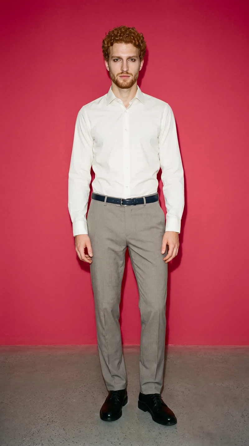 A 22-year-old Caucasian man stands in a relaxed pose facing forward, wearing a navy formal belt. His full body is framed against a brick-red studio-wall backdrop, and he has a neutral facial expression.