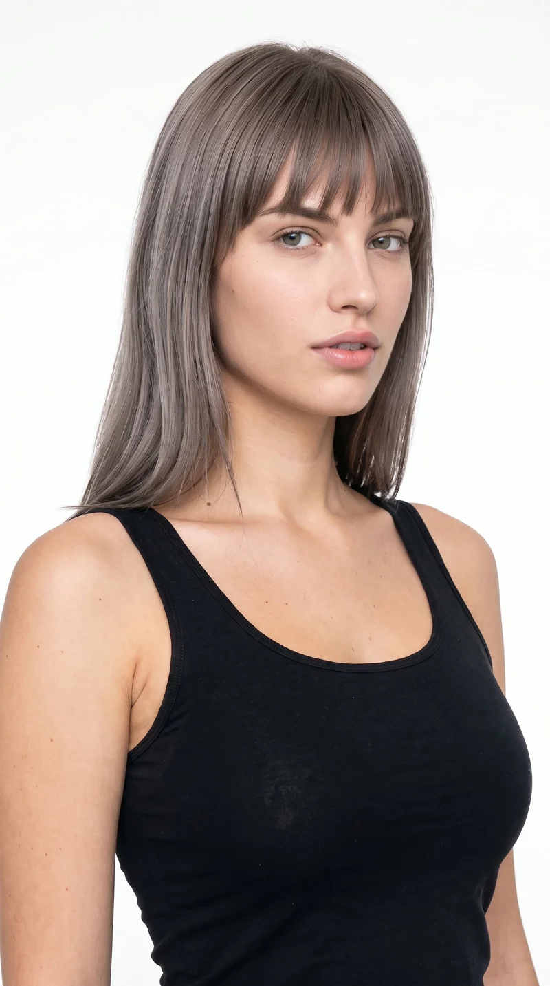 A 20-year-old Slavic woman with a medium, neutral-toned complexion and an oval face with balanced proportions and a softly rounded jaw. She has medium-thick eyebrows, cool clear grey eyes, and full lips. Her ash-brown hair has a cool undertone and falls across her forehead in bangs that frame the upper face.