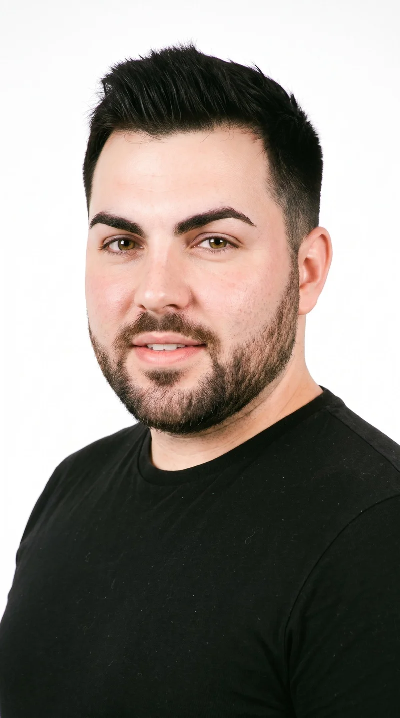 A 28-year-old Caucasian man with fair skin and a cool undertone. His diamond-shaped face has a narrow forehead and jaw, with the greatest width at the cheekbones. He has medium-thickness eyebrows, brown eyes, and medium lips. His black hair is styled in a short, tapered crew cut, slightly longer on top than at the sides. He has a short, full beard kept evenly trimmed with clean cheek and neckline edges.