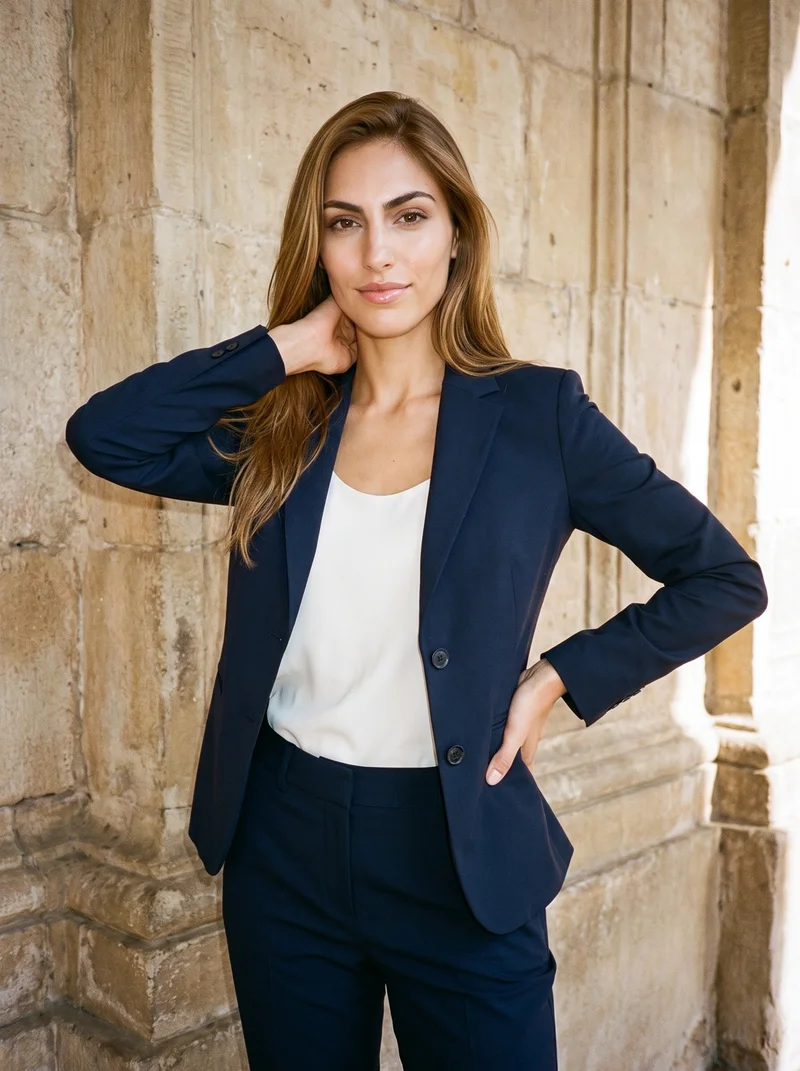 A 24-year-old Caucasian woman wears a women's navy two-piece suit in an upper-body composition. She is smiling and posing with one hand behind her neck, viewed from a front three-quarter angle, with the Mission Courtyard Bell Fountain serving as the backdrop.