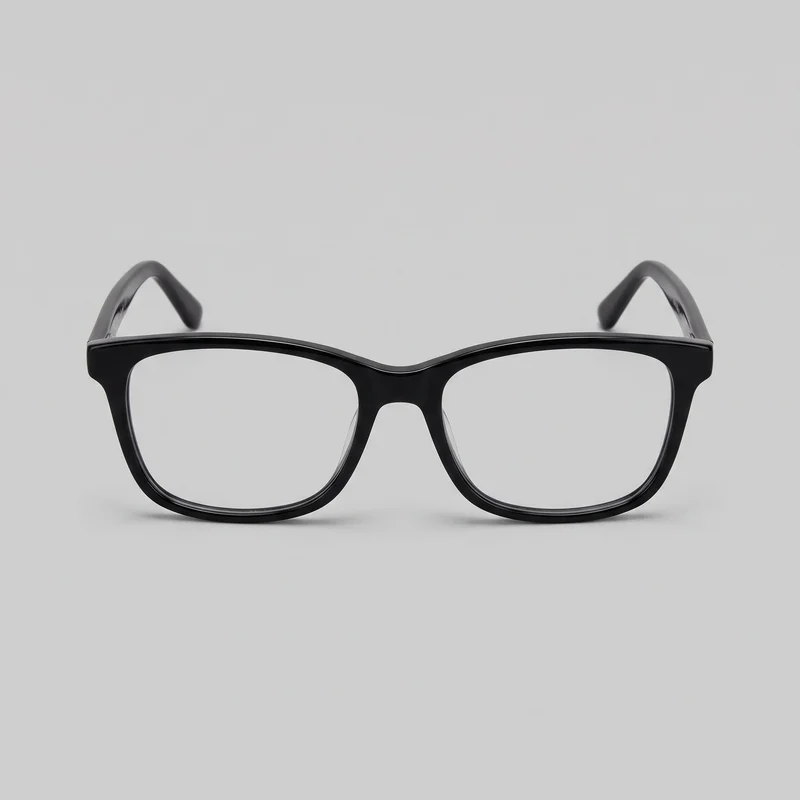 Black full-rim eyeglasses shown from the front as a standalone product. Both clear, softly squared rectangular lenses, the gently dipped brow line, molded bridge, rounded lower rims, squared outer corners, pronounced upper outer hinges, and inward-curving temples are visible.