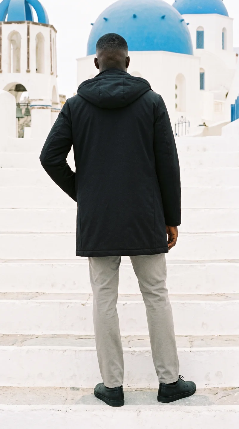 A 19-year-old African male model is shown full body from the back wearing a black parka, with one foot positioned forward. White Santorini-style steps form the backdrop.