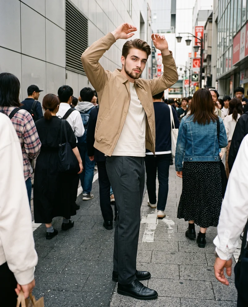 A 22-year-old Slavic man wears a men's khaki bomber jacket in a full-body view from a front three-quarter angle. He stands with his arms overhead and a neutral facial expression, with a Tokyo Crossing backdrop.
