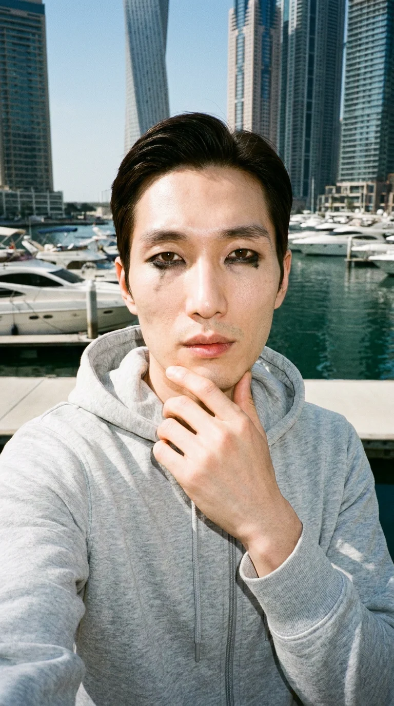 A 34-year-old Korean man wears a grey tracksuit top in a front-view selfie. One hand is held at his face, and his expression is neutral. A Dubai Marina backdrop is visible behind him.