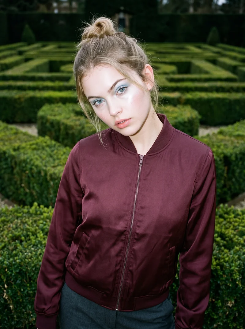 A 19-year-old Caucasian woman wears a burgundy satin bomber jacket in an upper-body, front-facing view. Her shoulders are lowered in a shoulder-drop pose, with an intense facial expression against a formal garden maze backdrop.